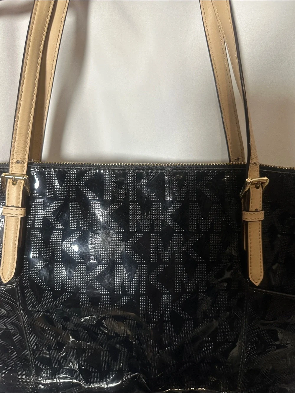 Michael Kors Black Patent Logo Tote with Beige Handles